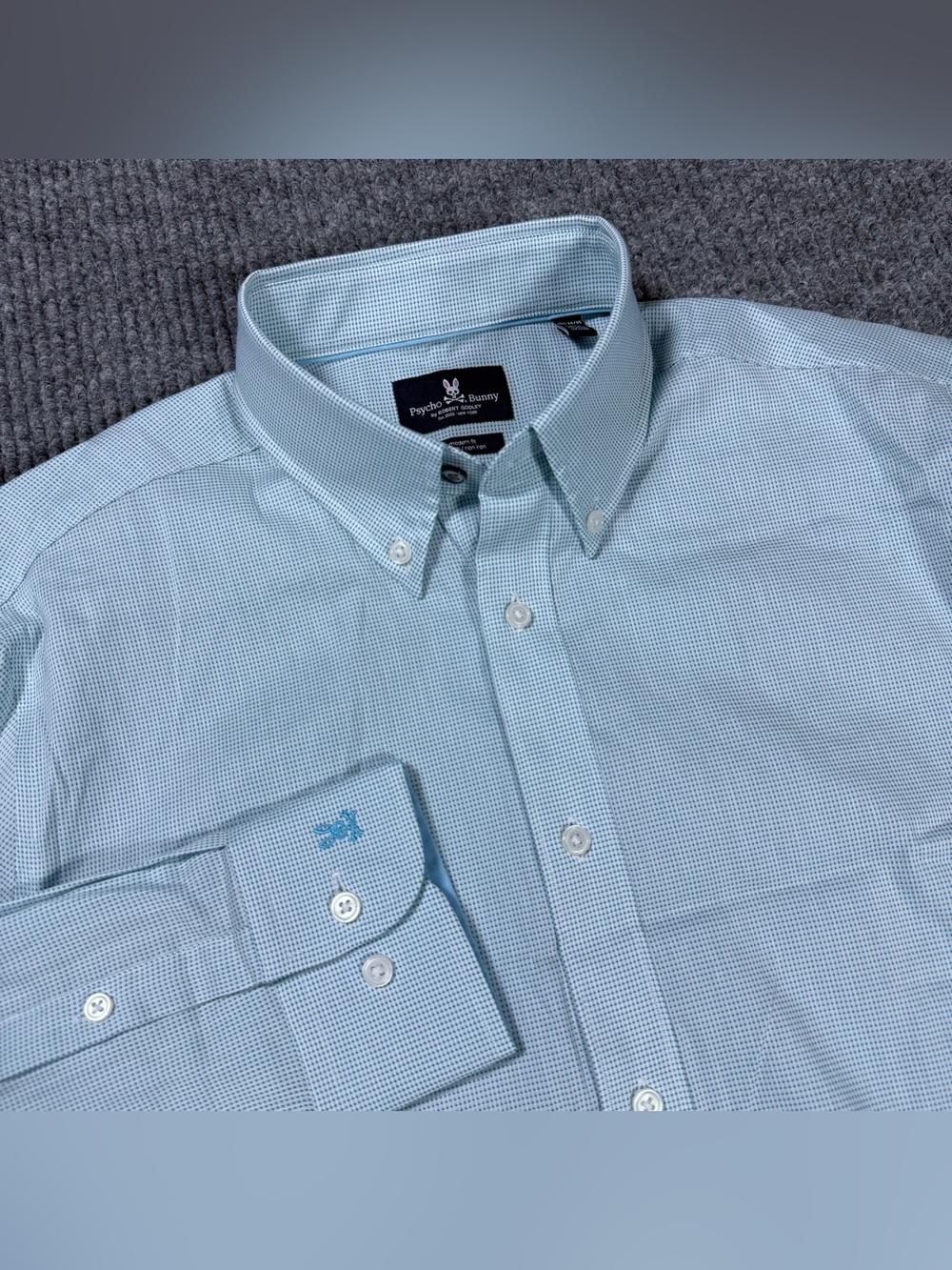Psycho Bunny Mens 15.5 34/35 Modern Fit Non Iron Stretch Dress Shirt Blue Micro